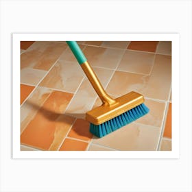 A Close Up Shot Of A Broom On A Tiled Floor, With A Focus On The Golden Handle And Blue Bristles Art Print