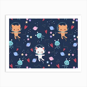 Cute Astronaut Cat With Star Galaxy Elements Seamless Pattern Art Print