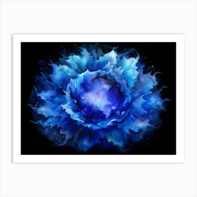 Blue Watercolor Flower On A Black Background Art Print