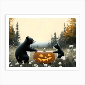 Black Bears With Pumpkins Art Print