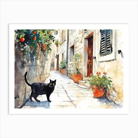 Dubrovnik, Croatia   Cat In Street Art Watercolour Painting 1 Art Print