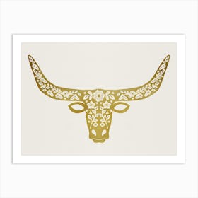 Floral Longhorn   Metallic Gold Silhouette Art Print
