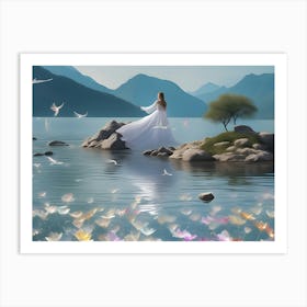 Woman Standing By A Lake with magical view Art Print