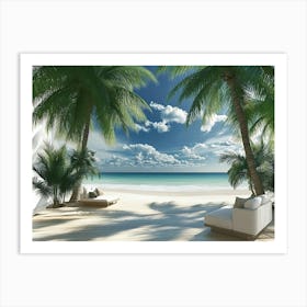 3d Tropical Beach With Palm Trees Art Print