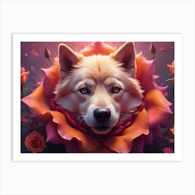 Portrait Of A Wolf With Piercing Eyes Emerging From An Orange Rose Art Print