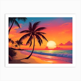 A Tranquil Beach At Sunset Horizontal Illustration 33 Art Print