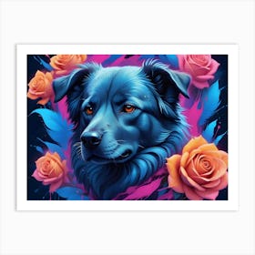 Portrait Of A Blue Dog With Orange Eyes, Surrounded By Orange Roses And Abstract Paint Splatters On A Dark Background Art Print