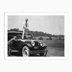 Man Playing Golf From Top of Car, Vintage Black and White Old Photo Art Print