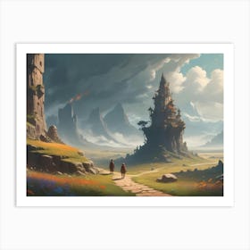 A Fantasy Landscape With Two Figures Walking Towards A Medieval Castle Built On A Tall Rock Formation Art Print