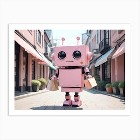 A Pink Robot With Large Eyes, Wearing A Shopping Bag In Each Hand, Stands On A Pink Toned Street Lined With Shops Art Print