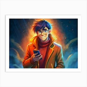 Young Man Using Smartphone 1 Art Print