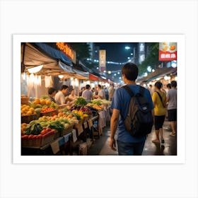 Aerial View Of A Crowded Night Market With Many Stalls Art Print