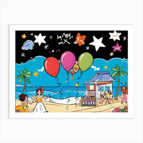 An Illustrated Idea Of A Birthday Party On The Beach Cartoon Valentine Balloons Hand Drawn Vector (1) Art Print