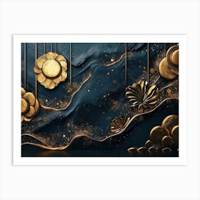 Abstract 3d Golden And Black Shapes Art Print