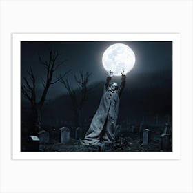 Full Moon Casting Eerie Glow On An Undead Figure Hands Clutching Out From The Dark Soil As Its Grav (1) 2 Art Print