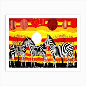 African Zebra Safari - Zebras At Sunset Art Print