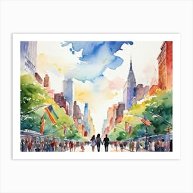 Watercolor Of A Manhattan Street Decked Out In Rainbow Hues For Pride Silhouettes Of A Joyous Gay C (1) Art Print