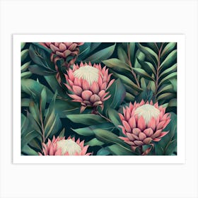 Tropical Exotic Seamless Pattern With Protea Flowers In Tropical Leaves Painting Art Print