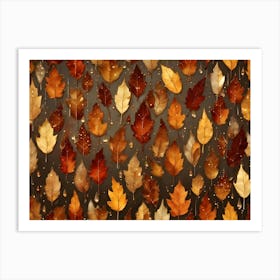 A Repeating Pattern Of Autumn Leaves In Shades Of Orange And Brown, Adorned With Water Droplets, On A Dark Background Art Print