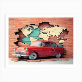 Colorful 3d Art with Broken Brick Wall, Classic Red Car and World Map Art Print