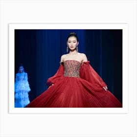 Asian Woman Posing Effortlessly In Haute Couture High Fashion Runway Walk Lavish Fabrics Cascading Art Print