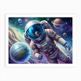 An Astronaut Floating Through Space, With A Reflection Of Earth And A City In Their Visor, Surrounded By Planets And Stars Art Print