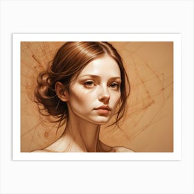 A Portrait Of A Young Woman With Reddish Brown Hair Styled In A Bun, Her Gaze Direct And Serene, Set Against A Textured, Abstract Background Art Print