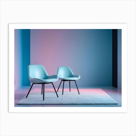 Two Teal Chairs Stand On A White Rug Against A Blue Wall With Pink And Blue Lighting Art Print