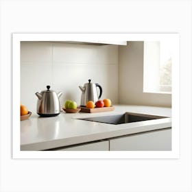 Photo Of A Kitchen Counter With Two Stainless Steel Kettles, Bowls Of Apples And Oranges, And A Sink Art Print