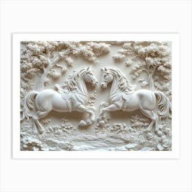 3d Relief Two Horse in Forest Art with Intricate Details and Elegant Design Art Print