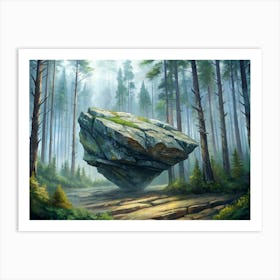 Mysterious Floating Rock In A Misty Forest 2 Art Print