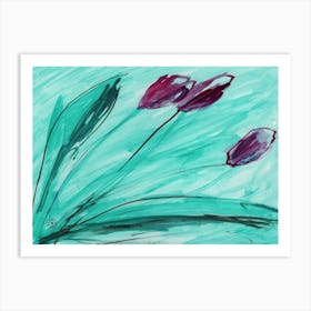 Three Wine Tulips - green red floral flower watercolor minimal hand painted Art Print
