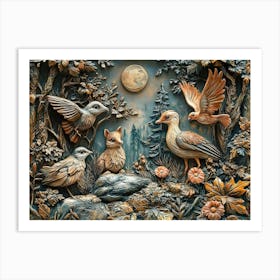 3d Relief With Playful Woodland Creatures And Fantasy Art Print