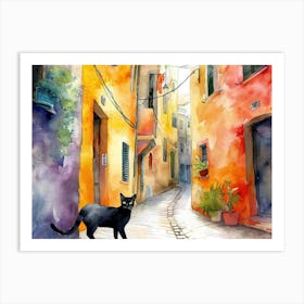 Black Cat In Cagliari, Italy, Street Art Watercolour Painting 4 Art Print