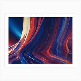 Abstract Image Of A Flowing, Liquid Like Surface With Streaks Of Red, Blue, And White, Creating A Sense Of Depth And Movement Art Print