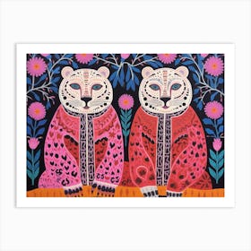 Snow Leopard 3 Folk Style Animal Illustration Art Print