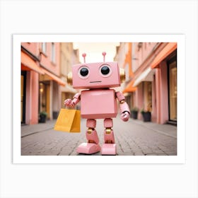 A Pink Robot With Golden Accents Stands In A City Street, Holding A Yellow Shopping Bag 1 Art Print