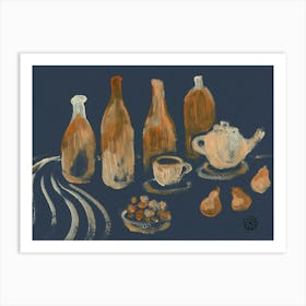 Bottles And Tea - gray beige still life kitchen art bottles tea Art Print