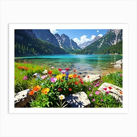 Mountain Lake With Flowers Art Print