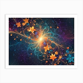 Colorful, Abstract Floral Design With Glowing Flowers, Swirling Patterns, And A Central Burst Of Light Against A Dark, Starry Background Art Print