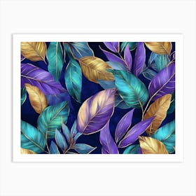 3d Tropical Colorful Leaves in Blue Green Gold Purple Art Print