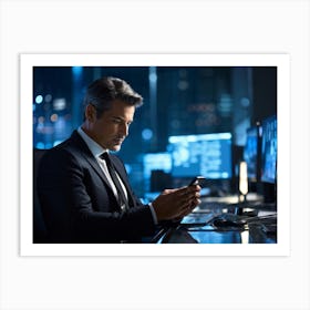 Businessman Sharp Suit Ultra Clear Texting On A Sleek Smartphone Indoor Setting Ambient Office (3) Art Print