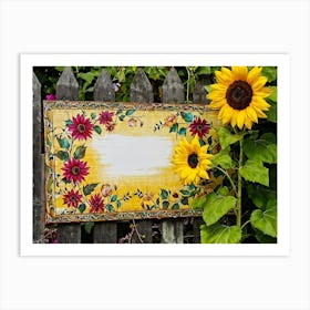 Closeup Of An Ornamental Wooden Signboard Propped Against A Rustic Fence Bright Yellow Sunflowers B (4) Art Print