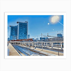 Train Station in Milan, Italy, in Porta Garibaldi District, with blue sky and reflections Art Print