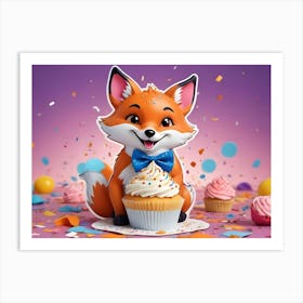 Cute, Cartoonish, 3d Illustration Of A Fox Wearing A Blue Bow Tie, Holding A Cupcake Art Print