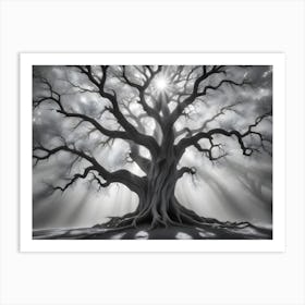 A Large, Gnarled Tree Stands In The Center Of A Misty Forest, Silhouetted Against A Bright, Sunlit Sky Art Print