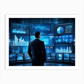 Businessman In Front Of Monitors Art Print