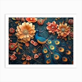 Peacock And Flowers 3 Art Print