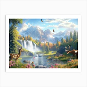 Nature Countryside Valley View Meadow Beautiful Place with Mountains, Deer Animals and Flowers Art Print