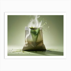 A Steaming, Green Tea Bag With Liquid Spilling Out On A Light Green Background Art Print